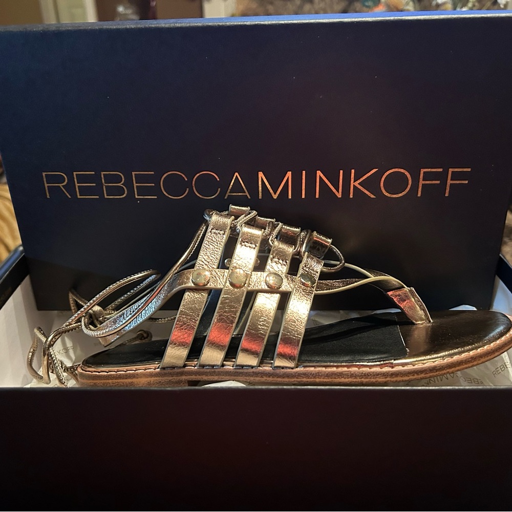 Rebecca Minkoff gold tie up leg sandals size 6.